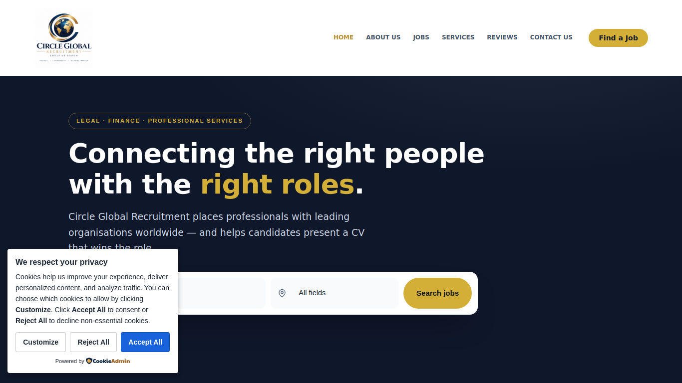 Capture of circleglobalrecruitment.com on 12 October 2026: a recruitment agency home page, 'Connecting the right people with the right roles'.