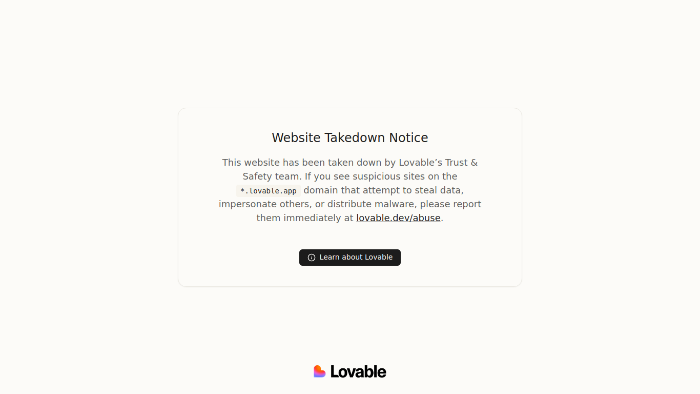 Capture of stanlakegroup.co.uk on 11 October 2026: a Lovable Trust & Safety website takedown notice.